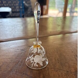 Etched Glass Floral Hand Bell Frosted Rose Crystal Clapper 4" Vintage